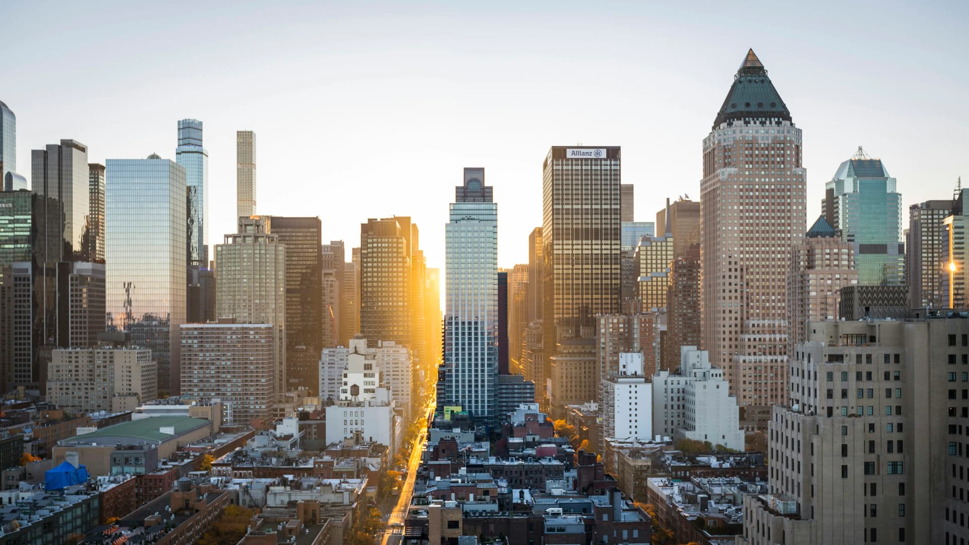 Aerial view of a city at sunrise