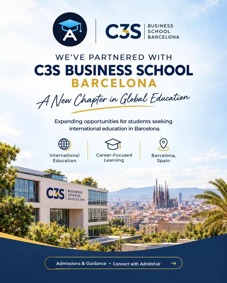 AdmitsFair announcement for the C3S Business School partnership, showing the school in Barcelona with the city behind it.