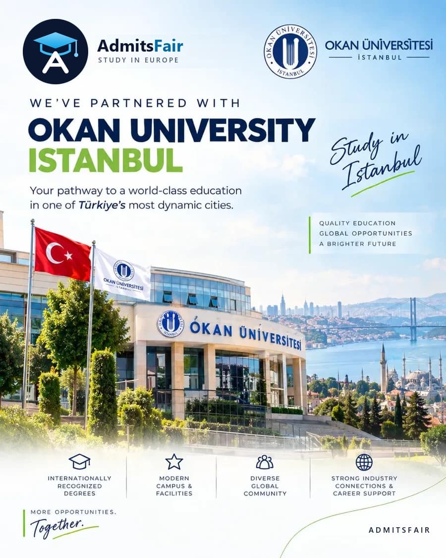 AdmitsFair announcement for the Okan University partnership, showing the university campus in Istanbul with the Bosphorus behind it.